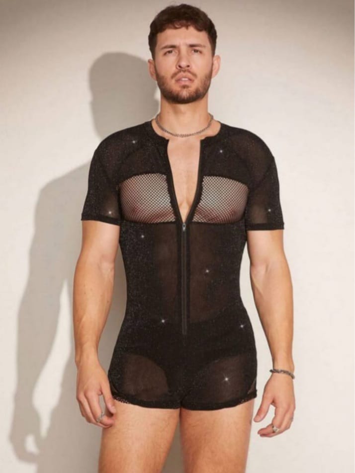 Men's Rhinestone Mesh Sheer V-Neck Zipper Collar Lounge Romper